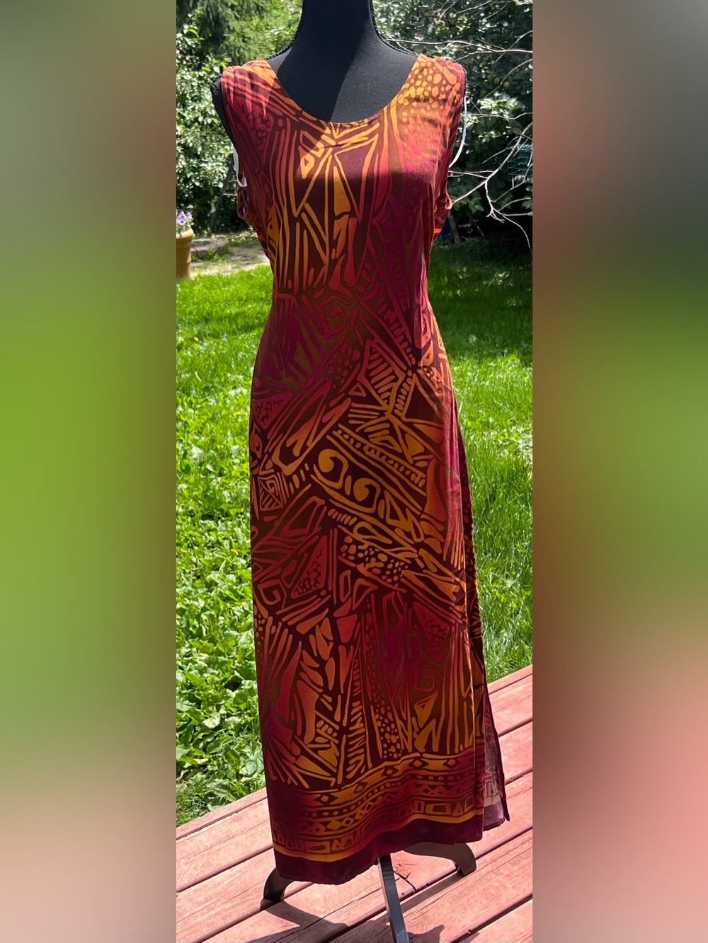 Colorful Sleeveless tribal-Print Maxi Dress in Burgundy and Mustard